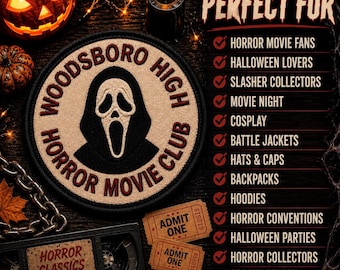 Woodsboro High Horror Movie Club Patch/Iron-On Patch/Scary Halloween Costume Decor/Sew-On Applique for Clothing, Vest/Jacket, Hat, Backpack