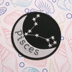 Pisces Zodiac Sign Patch Embroidered Iron-On Applique for Clothes, Jackets & Vests, Horoscope Constellation, Celestial Star Signs, Astrology