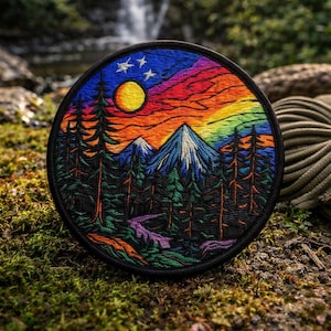May include: Embroidered patch featuring a mountain landscape with a sunset sky. The design includes a yellow sun, stars, and a rainbow. The patch has a black border and depicts trees, mountains, and a river. The patch is round.