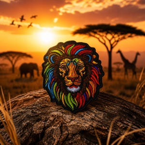 May include: Embroidered patch featuring a colorful lion's head with a black border. The lion's mane is a vibrant mix of red, blue, green, and yellow. The patch is set against a sunset scene with African wildlife, including giraffes and an elephant.