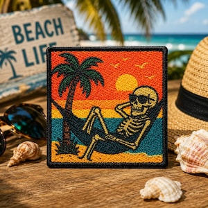 Beach Bum Skeleton Patch/Iron-on Patch/Sunglasses Hammock/Coconut Girl/Sew-On Applique for Clothing Vest/Jacket Hats Tote Bags Backpack