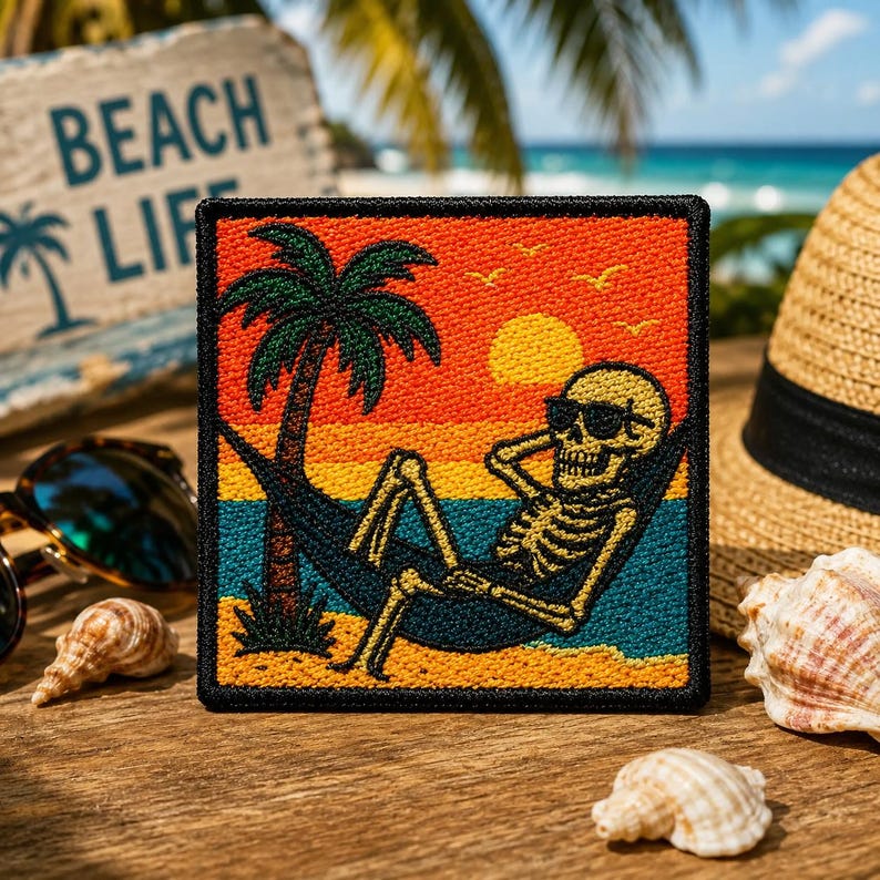 Beach Bum Skeleton Patch/Iron-on Patch/Sunglasses Hammock/Coconut Girl/Sew-On Applique for Clothing Vest/Jacket Hats Tote Bags Backpack image 1