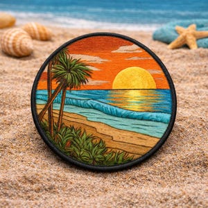 Tropical Sunrise Patch/Iron On Patch/Simple Beach Ocean Gift/Coconut Girl Fun Vacation/Sew-On Applique for Clothing Vest/Jacket Backpack
