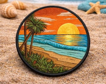 Tropical Sunrise Patch/Iron On Patch/Simple Beach Ocean Gift/Coconut Girl & Fun Vacation/Sew-On Applique for Clothing, Vest/Jacket, Backpack