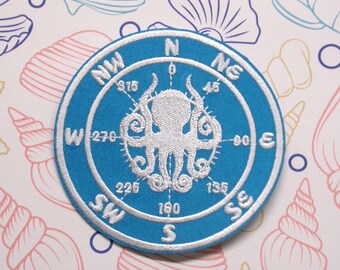 Compass Patch Animal Silhouettes 3.5&quot; Embroidered Iron-on/Sew-on Custom Applique Vest Jacket Clothing Backpack Explore Nature Octopus Sharks