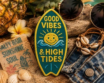 Good Vibes & High Tides Patch/Iron-On Patch/Surfboard Surfer/Coconut Girl Beach Fun/Applique for Clothing Tote Bag Vest/Jacket Hats Backpack