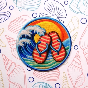 Flip Flop & Ocean Waves Patch Iron-on/Sew-on Applique for Vest Jacket Clothing Backpack Tote Bags, Travel Souvenir Gift, Sun, Nature patch