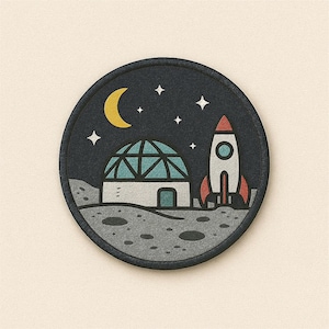 May include: Circular patch with a space theme. The design shows a white building with a teal dome, a red and white rocket, a yellow crescent moon, and stars against a dark blue backdrop. The patch has a black border and a grey lunar surface.