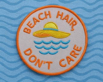 Cheveux de plage - Don't Care Patch/Écusson thermocollant/Cadeau rétro pour amateur d'eau/Appliques à coudre pour vêtements Sacs fourre-tout Sacs à dos Équipement Gilet/Veste