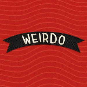 May include: A black embroidered banner with the word "WEIRDO" in white, stylized lettering. The banner has a curved shape with pointed ends. The background is a textured red fabric.