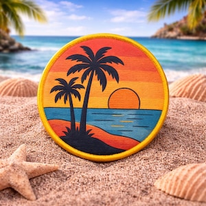 Palm Tree Beach Sunset Patch/Iron-On Patch/Coconut Girl Fun Vacation/Sew-On Applique for Clothing Vest/Jacket Hats Tote Bag Backpack