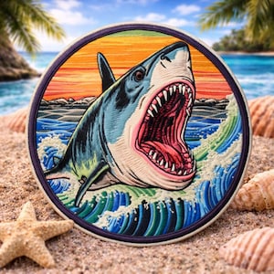 May include: Round embroidered patch depicting a shark with an open mouth, set against a beach scene with waves and a sunset. The patch has a dark blue border. The shark is blue, white, and pink.