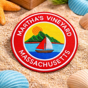 Martha's Vineyard Patch/Mountain Sailboat Scene/Massachusetts Souvenir/Iron-On Patch/Embroidered Sew-On Applique for Clothing, Bags