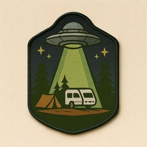 Puede incluir: Parche bordado que representa un OVNI que emite un rayo verde sobre un camping con una tienda de campaña y una caravana. El diseño incluye pinos, estrellas y un borde verde oscuro. El parche tiene una forma única.