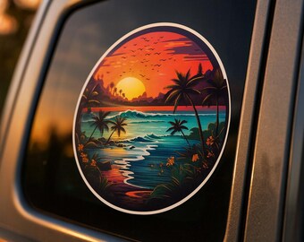 Beach Sunset Sticker Decal, Window Bumper Vehicle Waterproof Vinyl Sticker, Water Bottle Laptop Decal, Palme Trees, Sand, Travel Souvenir