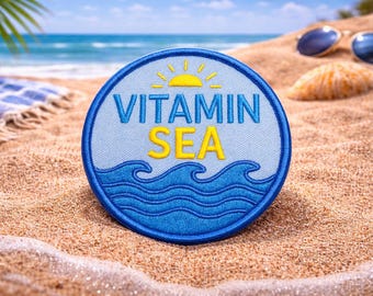 Vitamin Sea Patch/Iron-On Patch/Ocean Wave/Beach Souvenir Gift/Fun Vacation Coconut Girl/Sew-on Applique for Clothing Tote Bags Backpacks