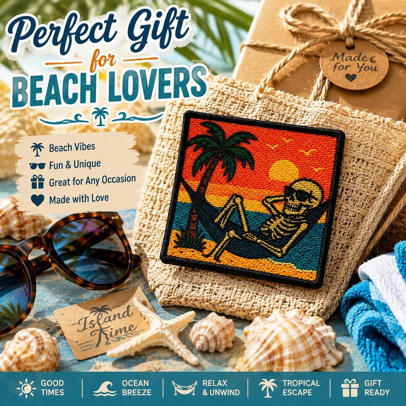Beach Bum Skeleton Patch/Iron-on Patch/Sunglasses Hammock/Coconut Girl/Sew-On Applique for Clothing Vest/Jacket Hats Tote Bags Backpack image 4