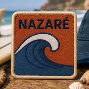 Puede incluir: Parche cuadrado con la palabra "NAZARÉ" en azul marino, sobre un diseño de ola estilizada en blanco y azul marino, sobre un fondo naranja. El parche está bordeado con costuras color canela. Una tabla de surf, un sombrero y conchas marinas están en el fondo.
