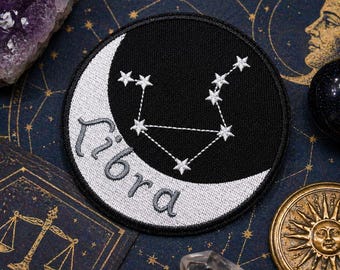 Parche del signo zodiacal Libra / Parche termoadhesivo / Constelación, horóscopo, astrología, estrellas / Aplique bordado para coser en ropa, chaquetas, sombreros y mochilas.