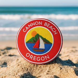 Cannon Beach Oregon Patch/Mountain Sailboat Scene/Iron-On Patch/Travel Souvenir Gift/Embroidered Sew-On for Clothing Backpacks Vest/Jacket