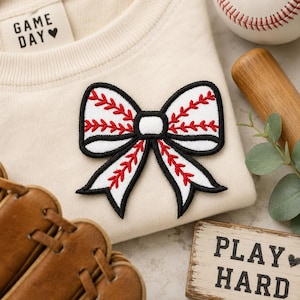 Baseball Side Bow Applique Patch, Sports Side Bow Applique Patch, Baseball Girly Bow From 4 To 9 Inch, Sew/Iron On Side Bow Sweatshirt Seam