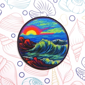 Sunset Over Ocean Patch – Coastal Retro Beach Waves Patch Applique Souvenir Badge for Travel Gear, Tote Bags, Jackets & Backpacks, Apparel