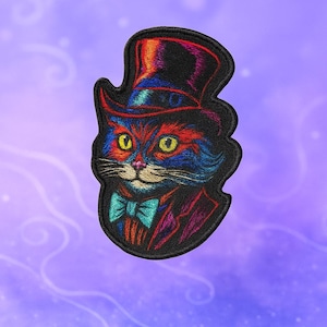 Stylish Cat in Top Hat Patch/Iron-on Patch/Fantasy Badge/Dapper Kitty/Gothic Fancy Feline/Sew-on Applique for Clothing Vest/Jacket Backpack