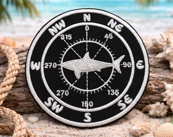 Nautical Compass Patch/Shark Logo/Iron-On Patch/Scuba Diving Gift/Embroidered Sew-On Applique for Clothing Vest/Jacket Hats Backpacks Gear