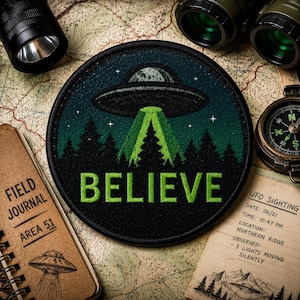 Believe UFO Patch/ Iron-On Patch/Flying Saucer/Retro Xfiles Aliens Area 51 Gift/Sew-on Applique for Clothing Vest/Jacket Hats Backpack Gear