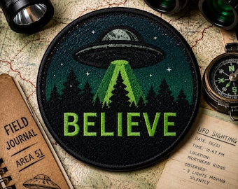 Believe UFO Patch/ Iron-On Patch/Flying Saucer/Retro Xfiles Aliens Area 51 Gift/Sew-on Applique for Clothing Vest/Jacket Hats Backpack Gear