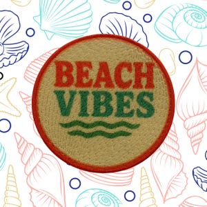 Parche Beach Vibes/Apliques termoadhesivos/Parches estilo postal retro/Bordado para coser en bolsos y mochilas/Aventura en la playa/Diversión bajo el sol