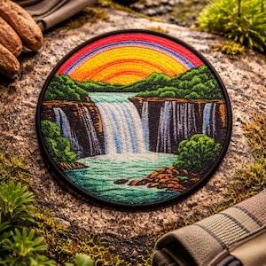 May include: Embroidered patch depicting a waterfall scene with a rainbow and setting sun. The patch has a black border and is set against a natural, mossy background. The design includes shades of blue, green, yellow, orange, and red.