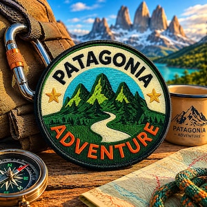 Puede incluir: Parche bordado redondo con las palabras "PATAGONIA ADVENTURE". El parche presenta una cordillera y un camino sinuoso. También se ven una brújula, un mapa y una taza.