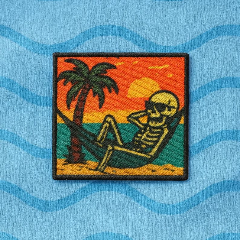 May include: Embroidered patch featuring a skeleton relaxing in a hammock on a beach. The design includes a palm tree, sunset, and the skeleton wearing sunglasses. The patch has a black border and is set against a blue background with wave patterns.