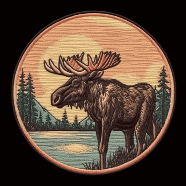 Moose Patch Iron-on/Sew-on Custom Applique for Vest Jacket Denim Clothing Decorative Badge, Wild Animal Nature Outdoor Mountain, Souvenir