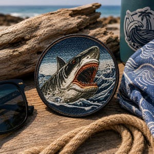 May include: A circular embroidered patch featuring a detailed shark with an open mouth showing sharp teeth, emerging from blue and white ocean waves. The patch has a dark brown stitched border and is displayed on a textured wooden surface.