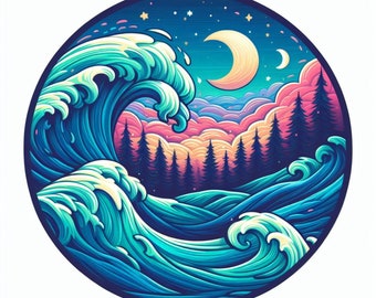 Calcomanía de pegatina Ocean Waves, pegatina de vinilo impermeable para parachoques de ventana, calcomanía para computadora portátil con botella de agua, luna y estrellas, cielo nocturno, olas rompientes