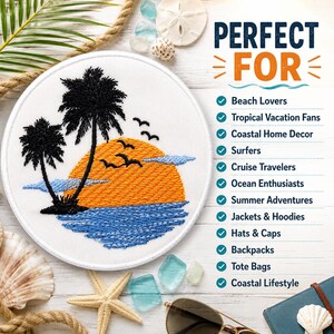 Tropical Island Patch/Iron-on Patch/Ocean Waves/Travel Souvenir/Palm Trees/Embroidered Sew-on Applique for Clothing, Vest/Jacket, Hat, Bags