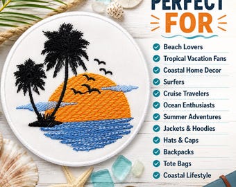 Parche de isla tropical/Parche termoadhesivo/Olas del océano/Recuerdo de viaje/Palmeras/Aplicación bordada para coser en ropa, chalecos/chaquetas, sombreros y bolsos.