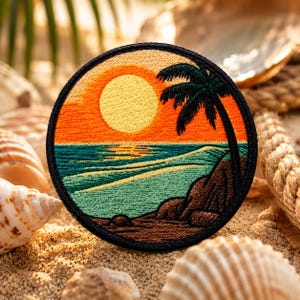 Sunrise Over The Beach Patch/Iron-On Patch/Travel Souvenir/Ocean Wave/Palm Tree/Sew-on Applique for Clothing Jacket Hats Backpack Tote Bag