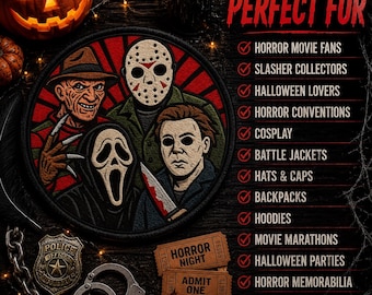 Iconic Horror Movie Villains Patch/Iron-On Patch/“Who’s Who” of Slashers/Adult Scary Halloween Costume Decor/Sew-On Applique for Clothing