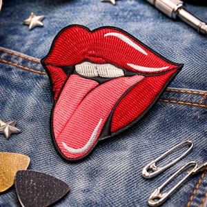 Toppa a forma di lingua con labbra rosse/toppa termoadesiva/logo rock n roll/appassionato di musica/gruppo iconico/applicazione da cucire per abbigliamento, gilet, giacche, cappelli, zaini