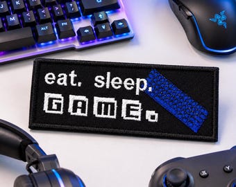 Jeu Eat Sleep avec écusson pour clavier/pièce thermocollante/appliqués brodés à coudre pour veste, vêtements, sac à dos/écusson pour jeux vidéo/jeux PC/rétro