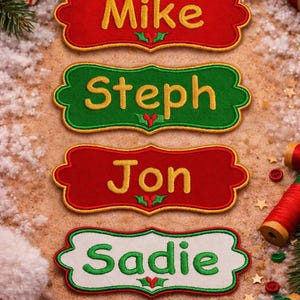 Christmas Stocking NAME PATCH - 5" x 2" Custom Personalized Iron On or Sew On Patch, Embroidered Applique Patch, Festive Font, 1 Patch