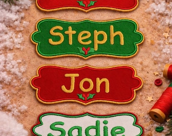 Christmas Stocking NAME PATCH - 5" x 2" Custom Personalized Iron On or Sew On Patch, Embroidered Applique Patch, Festive Font, 1 Patch