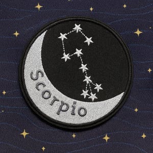 Parche del signo zodiacal Escorpio: aplique termoadhesivo bordado para ropa, chaquetas y chalecos, constelación del horóscopo, signos celestes y manualidades.