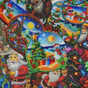 May include: A collection of circular embroidered patches featuring vibrant Christmas themes, including Santa Claus figures, decorated pine trees, snowmen on sandy beaches, and colourful gift boxes, all rendered in detailed, multi-coloured thread work.