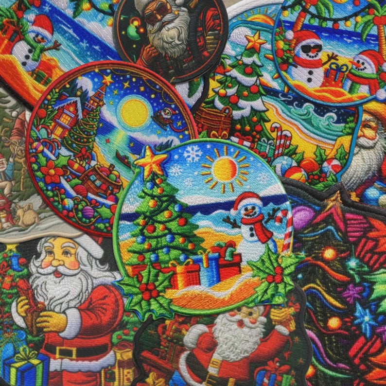 May include: A collection of circular embroidered patches featuring vibrant Christmas themes, including Santa Claus figures, decorated pine trees, snowmen on sandy beaches, and colourful gift boxes, all rendered in detailed, multi-coloured thread work.