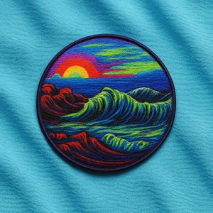 Sunset Over Ocean-patch – kustretro strandgolven patch appliqué souvenirbadge voor reisuitrusting, draagtassen, jassen en rugzakken, kleding