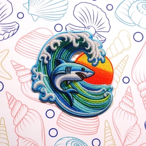 Shark in Ocean Waves Patch – Iron-On Badge for Backpacks & Surf Gear, for Jackets, Totes and Beach Bags, Ocean Predator, Sea Life Badge